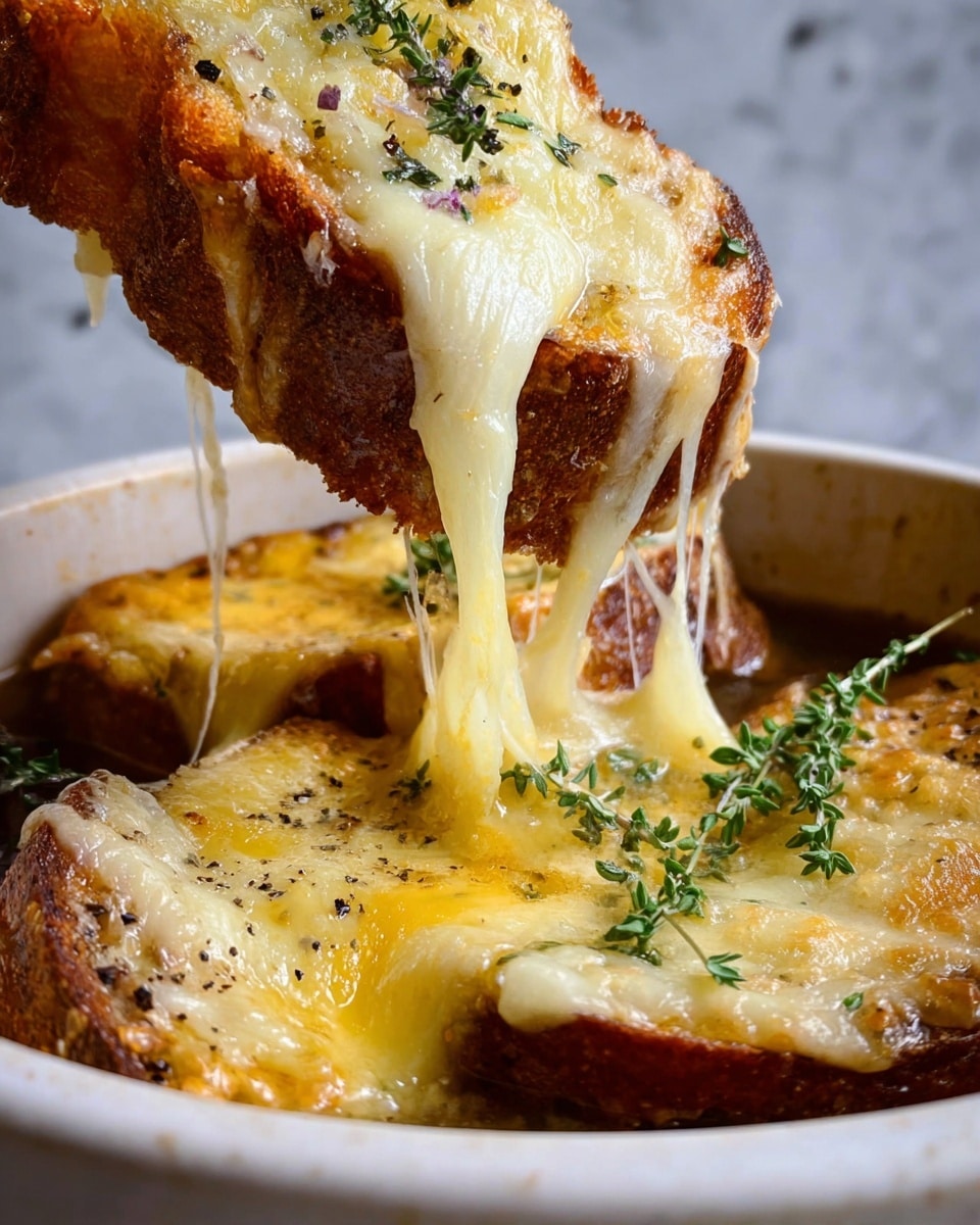A close-up view of a white bowl filled with thick slices of toasted bread, each covered by a layer of melted creamy yellow cheese that stretches as it is lifted, sprinkled with small green herb leaves and black pepper. The bread shows a crispy, browned texture underneath the gooey cheese, and the background shows a rich dark brown broth partially visible under the bread and cheese layers. The photo has a white marbled texture background and the cheese looks soft and sticky, dripping slowly from the lifted slice, photo taken with an iphone --ar 4:5 --v 7