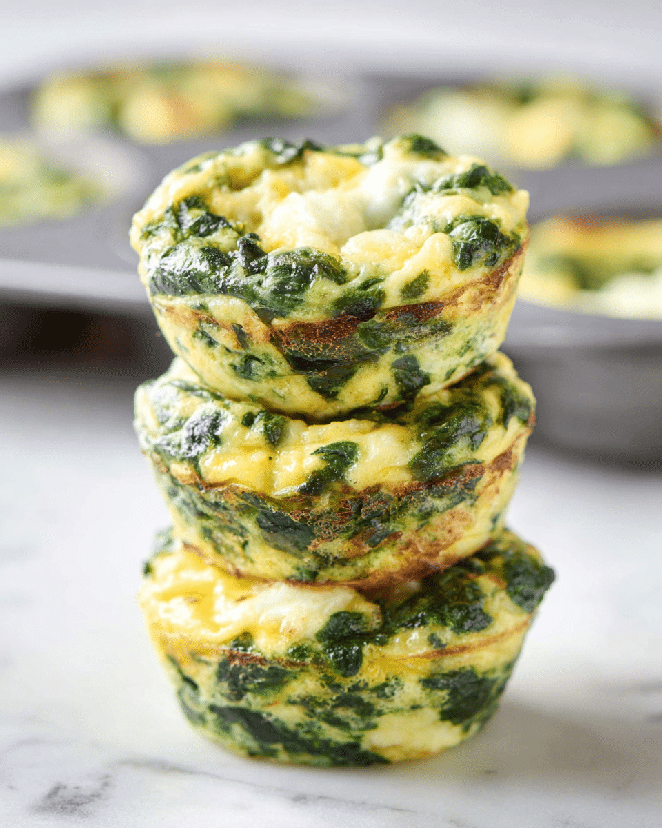 A stack of three small egg muffins sits on a white marbled surface, each muffin showing a mixed texture of green spinach and yellow egg layers. The muffins have a round shape with a slightly browned bottom and a soft, slightly shiny top where the melted cheese and spinach pieces are visible, giving a mix of bright green and pale yellow colors blending together. In the background, a blurred muffin tin holds more similar muffins. Photo taken with an iphone --ar 4:5 --v 7