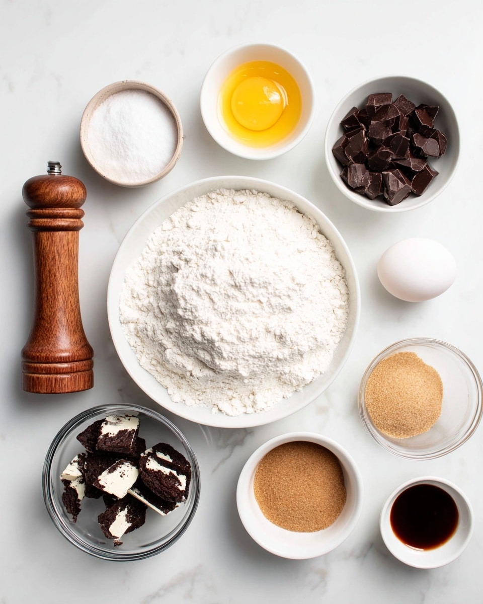 The image shows several ingredients arranged neatly on a white marbled surface. There is a large white bowl in the center filled with white flour. Below it, a smaller clear glass bowl contains broken dark chocolate cookie pieces with white cream. To the bottom right, a white bowl holds two types of sugar: white granulated sugar and light brown sugar side by side. Above it, there is another white bowl with melted yellow butter. To the top right, a small white bowl contains dark brown chopped chocolate chunks. Near the top center, a single white egg lies on the surface. To the top left, a small round white bowl with a light brown rim holds white baking powder or baking soda. Near the far left, a tall wooden salt grinder stands upright, and below it, a small white bowl holds dark brown vanilla extract or soy sauce. The setup is clean, bright, and ready for baking preparation photo taken with an iphone --ar 4:5 --v 7