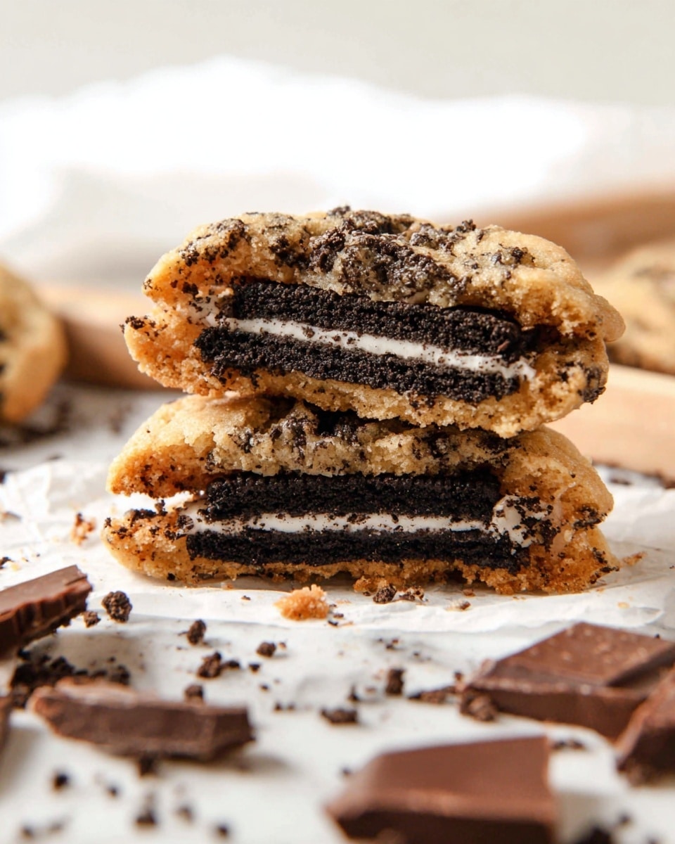 The image shows two halves of a cookie sandwich, stacked one on top of the other on a piece of white parchment paper. Each half has a golden-brown, slightly crumbly cookie exterior speckled with dark cookie crumbs, with a visible dark chocolate cookie layer embedded inside. The layers inside are dark brown with a white cream filling in the middle, resembling an Oreo cookie. Around the cookie halves are a few broken pieces of dark chocolate and scattered cookie crumbs, all set on a white marbled surface. Photo taken with an iphone --ar 4:5 --v 7