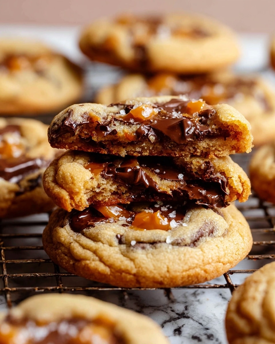 The image shows a stack of soft, golden-brown cookies with melted dark chocolate and small caramel pieces on top. The cookies have a slightly crumbly texture with cracks revealing gooey chocolate inside. One cookie is broken in half and placed on top, showing layers of light dough, dark melted chocolate, and scattered caramel bits. The cookies rest on a metal wire cooling rack with more cookies blurred in the background, all set on a white marbled surface. photo taken with an iphone --ar 4:5 --v 7
