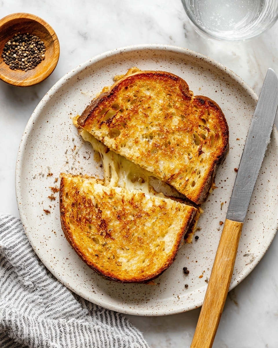 Two golden-brown toasted bread slices form a grilled cheese sandwich on a white speckled plate, broken slightly apart to reveal melted, stretchy cheese inside. The bread has a crispy texture with visible air holes and grill marks. A knife with a light wooden handle rests on the right side of the plate. In the top left corner, there is a small wooden bowl filled with cracked black pepper, and a clear glass of water is partially visible at the top right. A striped cloth is placed on the bottom left corner on a white marbled surface. Photo taken with an iphone --ar 4:5 --v 7