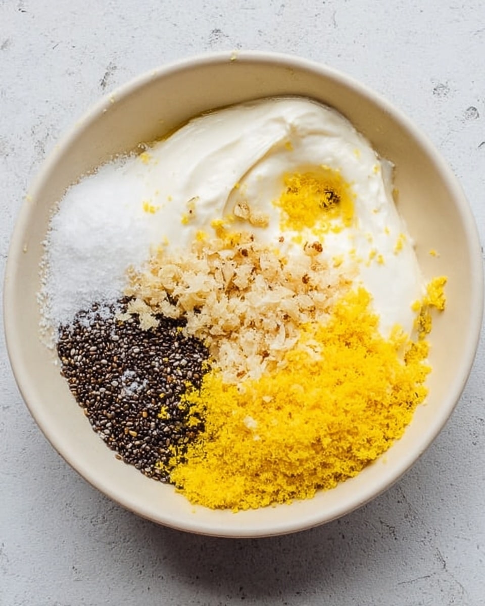 A white bowl sits on a white marbled surface, filled with several distinct layers of ingredients. The largest layer is white and creamy, taking up about half the bowl. Next to it, in the top-left, is a white granulated layer with a small yellow spot. On the top-right, there is a dark seed-like layer, finely textured. Below that is a light tan layer with small chunks. Finally, the bottom half of the bowl is covered with a bright yellow, finely grated layer. The colors and textures are all clearly visible and separated. photo taken with an iphone --ar 4:5 --v 7