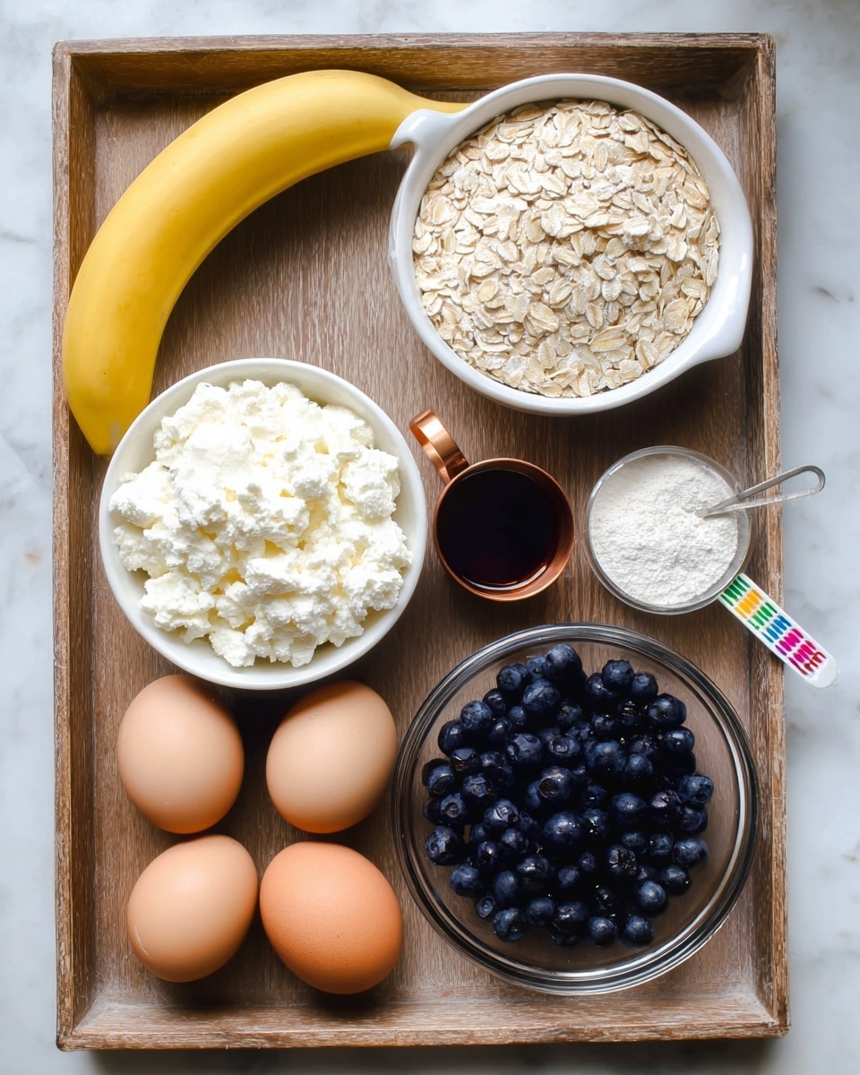 A wooden tray holds several ingredients arranged neatly on a white marbled surface: at the top left, a whole yellow banana curves gently; to its right, a white bowl filled to the brim with cottage cheese, showing its soft, lumpy white texture; below the banana, a white cup filled with pale beige rolled oats with a rough texture; to the right of the oats, a copper measuring cup with dark amber maple syrup inside and a colorful measuring spoon with white powder next to it; below the syrup, a clear glass bowl filled with dark blue glossy blueberries; at the bottom left corner, four brown eggs with smooth shells are placed close together. photo taken with an iphone --ar 4:5 --v 7