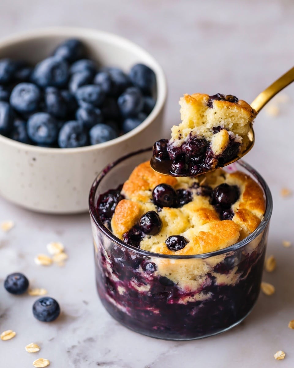 The image shows a clear glass cup filled with a dessert that has two main layers: the bottom layer is a dark purple blueberry compote, while the top layer is a golden-baked, slightly textured cake embedded with whole blueberries. A gold spoon is partially inside the cup, leaning toward the right side. Near the cup, on the left, there is a white bowl filled with fresh blueberries. The background and surface feature a white marbled texture with some scattered oats around. Photo taken with an iphone --ar 4:5 --v 7
