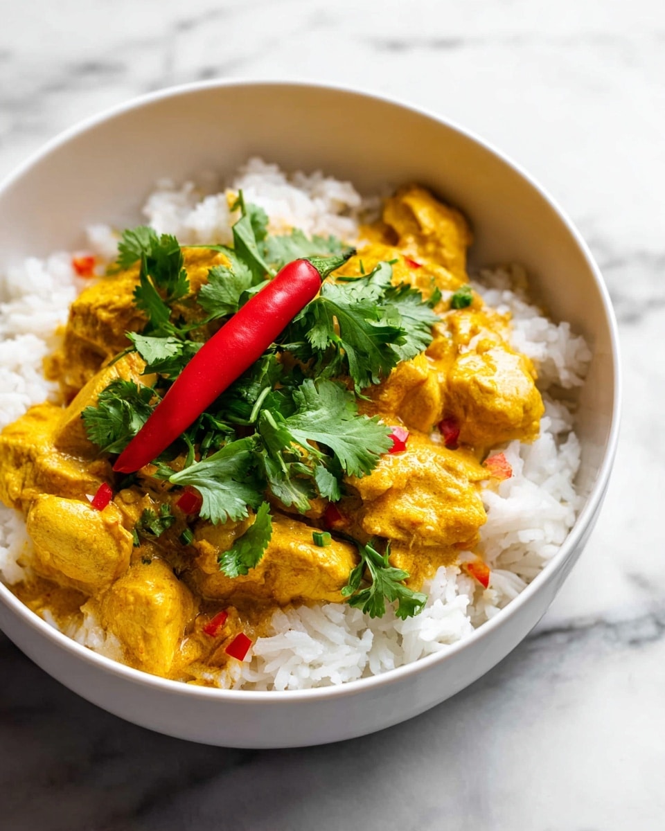 A white bowl sits on a white marbled surface filled with two layers: the bottom layer is soft, fluffy white rice, and the top layer consists of golden yellow curry-coated chunks of chicken mixed with small red chili pieces and topped with fresh green cilantro leaves. One whole red chili is placed on top, adding a bright touch of color, while the curry sauce has a creamy texture that slightly coats the rice nearby. photo taken with an iphone --ar 4:5 --v 7
