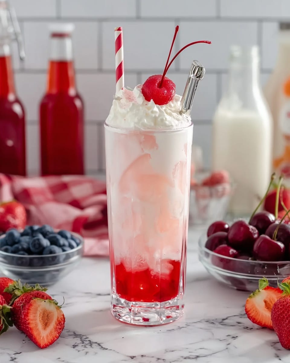 A tall clear glass is filled with a pink and white mixed drink that has a layer of bright red syrup at the bottom, a thick middle layer of pale pink liquid with small ice pieces visible inside, and a top layer of white whipped cream. On top of the whipped cream, there is a red strawberry cut in half and a shiny red cherry held with a small metal pick. A red and white striped straw sticks out from the whipped cream. The glass sits on a white marbled surface surrounded by fresh strawberries, blueberries, a glass bowl of red cherries, a bottle of milk, and two red syrup bottles in the background. photo taken with an iphone --ar 4:5 --v 7