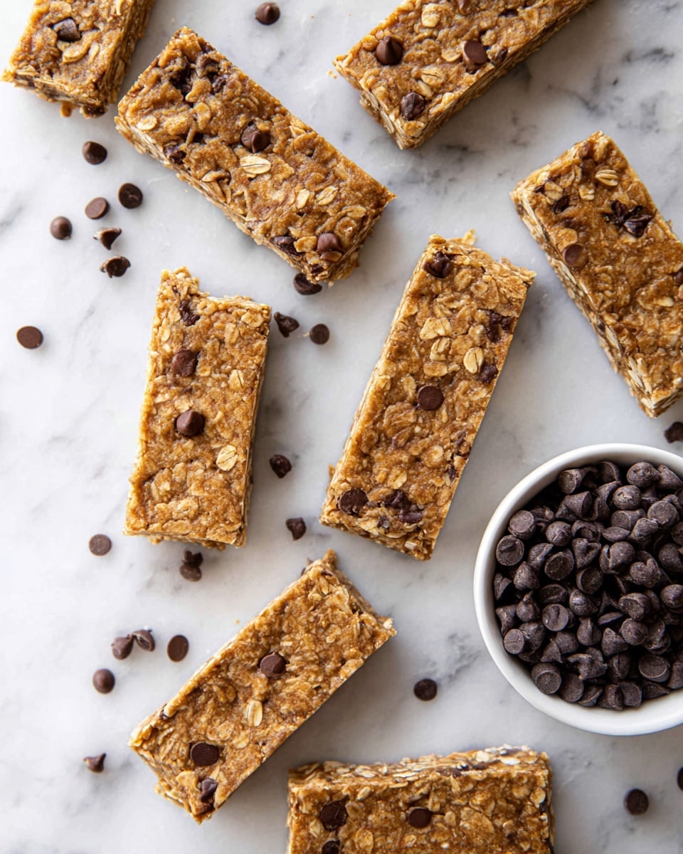 The image shows seven oatmeal bars with chocolate chips scattered on a white marbled surface. Each bar is rectangular and has a golden-brown color with visible oats and chocolate chips mix inside. Near the center right, there is a small white bowl filled with dark chocolate chips. The texture looks soft yet firm, with some chocolate chips partly melted into the bars and others sitting on top. The arrangement is casual, with chocolate chips spread around the bars on the surface. photo taken with an iphone --ar 4:5 --v 7
