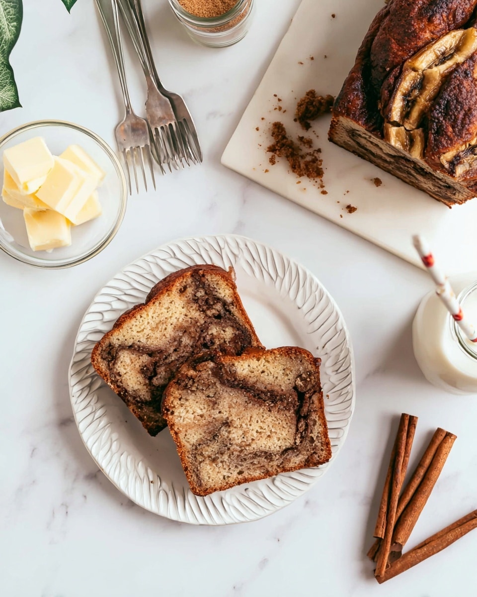 Two slices of cinnamon swirl bread with visible dark cinnamon patterns and a light brown texture sit on a white plate with a leaf pattern around the edge, placed on a white marbled surface. To the upper right, a larger loaf of the bread with a cracked top and baked banana pieces rests on a white marble board, with some crumbs scattered nearby. On the left side, a small glass bowl holds square chunks of butter, next to two silver forks crossed over each other. Above the butter, there is a small glass bottle with a metal lid filled with cinnamon sugar and a glass bottle of milk with a striped straw. Three cinnamon sticks lie on the bottom right corner on the white marbled surface. photo taken with an iphone --ar 4:5 --v 7