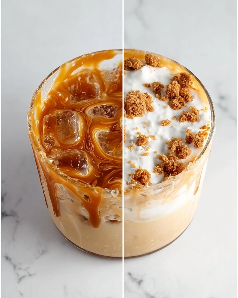 The image shows a clear glass cup with four stages of a drink inside, placed on a white marbled surface. The first layer is a drizzle of thick caramel sauce swirled around the inside of the cup in an artistic pattern, golden brown and sticky in texture. The second layer fills the cup halfway with clear ice cubes stacked neatly above the caramel. Next, a light tan liquid fills the cup almost to the top, creating small bubbles and foam on the surface. The final layer is white whipped cream on the top, sprinkled with small chunks of crumbly brown cookie or biscuit, sitting unevenly over the cream. photo taken with an iphone --ar 4:5 --v 7
