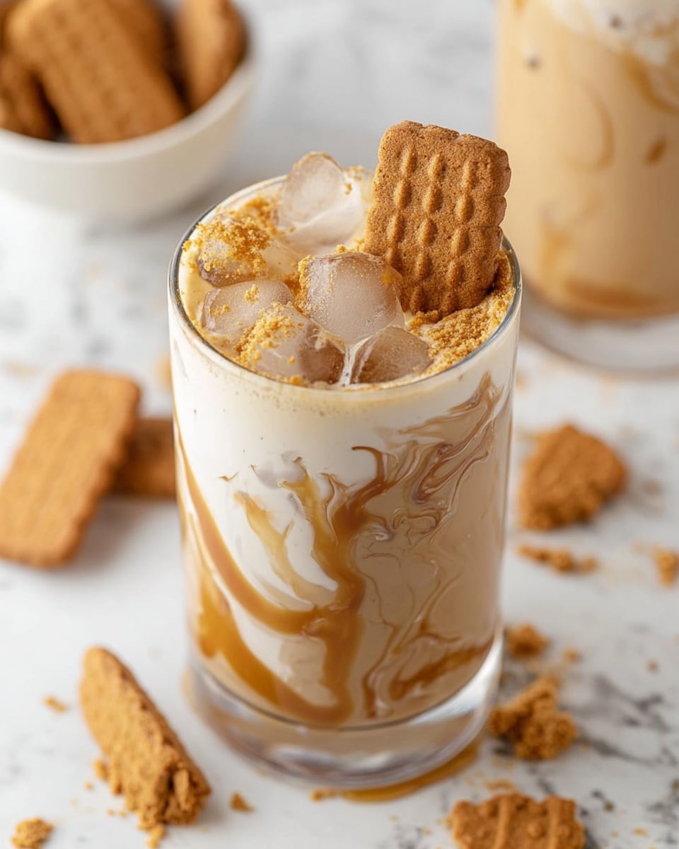 A clear glass filled with a light brown creamy drink with ice cubes inside and swirls of caramel sauce on the inner sides of the glass. On top, there is a light layer of frothy cream mixed with cookie crumbs. A single rectangular cookie with a textured pattern is placed vertically, partially inside the drink. Around the glass, there are pieces of the same cookie scattered on a white marbled surface. In the background, a white bowl filled with more of the cookies and another similar glass drink can be seen slightly out of focus. Photo taken with an iphone --ar 4:5 --v 7
