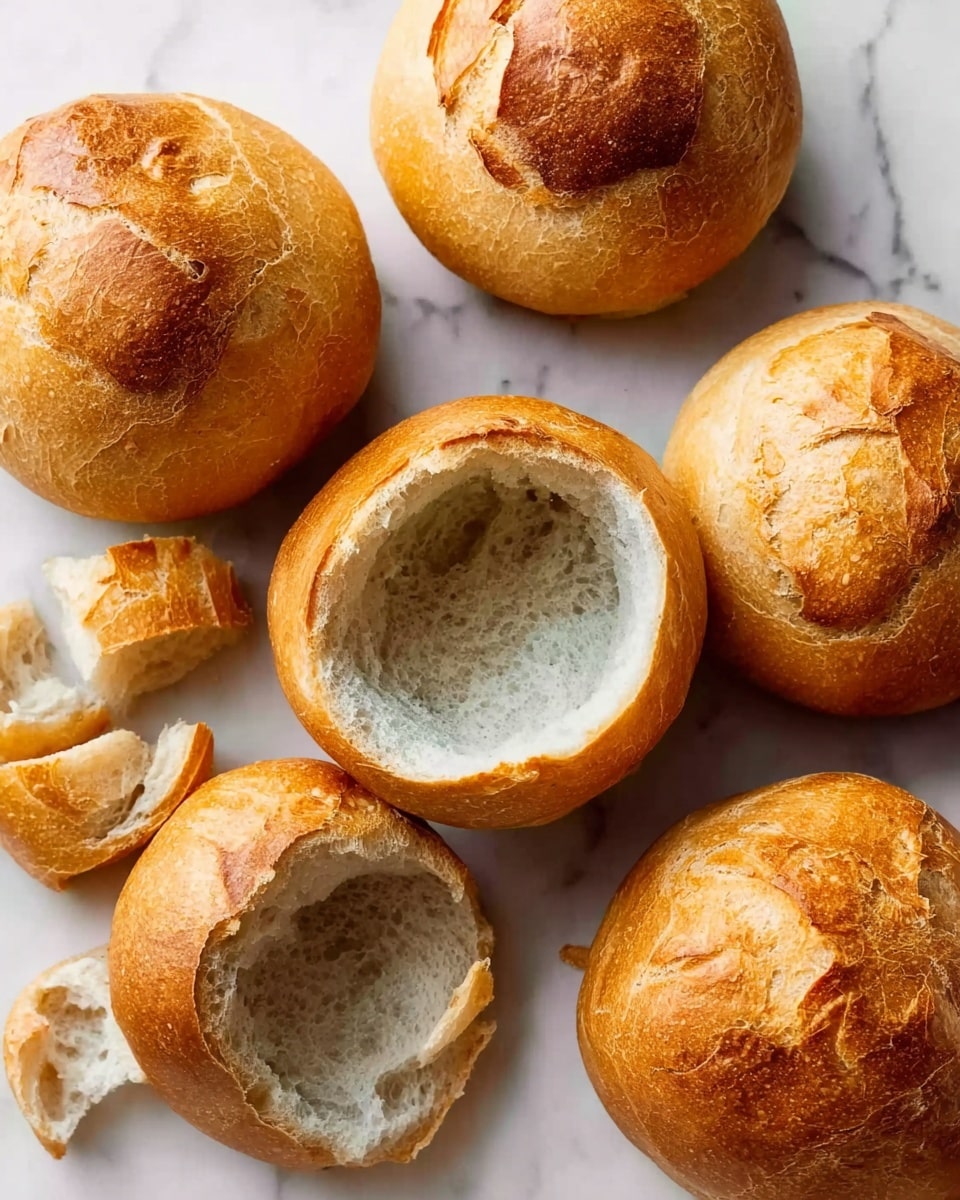 The image shows several round bread bowls with golden-brown crusts placed on a white marbled surface. Each bread bowl has its soft, light-colored inside hollowed out, with some pieces of the removed bread lying nearby. The bread crusts have a slightly shiny and smooth texture, with a few small surface cracks. The light inside of the bread looks fluffy and soft, contrasting with the firmer crust. The arrangement is casual, with some whole bread bowls and some showing the hollow inside clearly. photo taken with an iphone --ar 4:5 --v 7