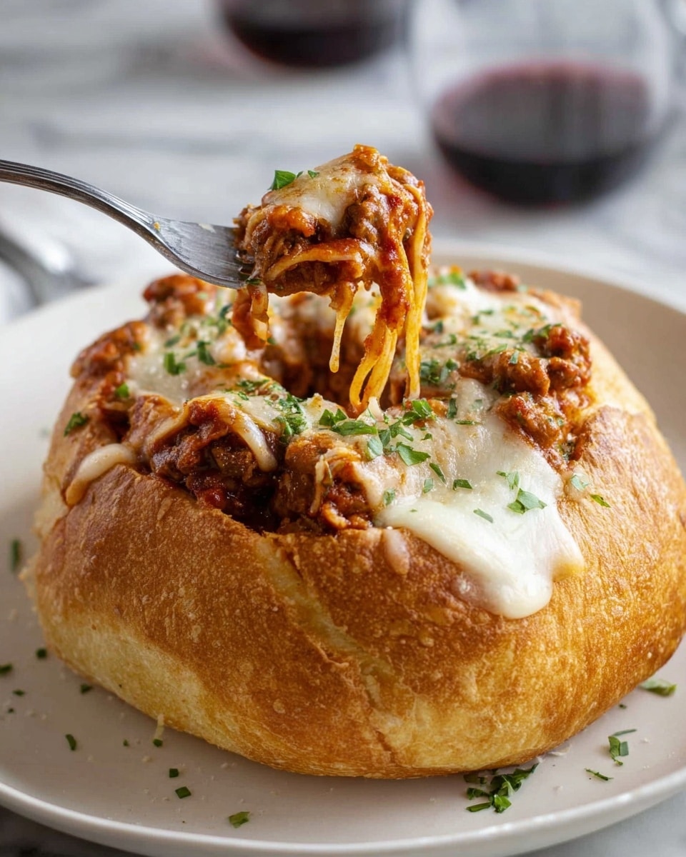 The image shows a round, golden-brown bread bowl with a soft, baked texture and small herbs sprinkled on top and around the base. Inside the bread bowl, there is a layer of melted white cheese slightly bubbling, topped with a thick mix of reddish-brown meat sauce and noodles. A silver fork lifts a portion of the meat sauce and noodles from the bread bowl, showing stretch of melted cheese strands. Small green parsley pieces are scattered on the cheese and bread bowl edges. The dish is placed on a white plate and rests on a white marbled surface. In the blurred background, a glass with a dark red drink is visible. Photo taken with an iphone --ar 4:5 --v 7