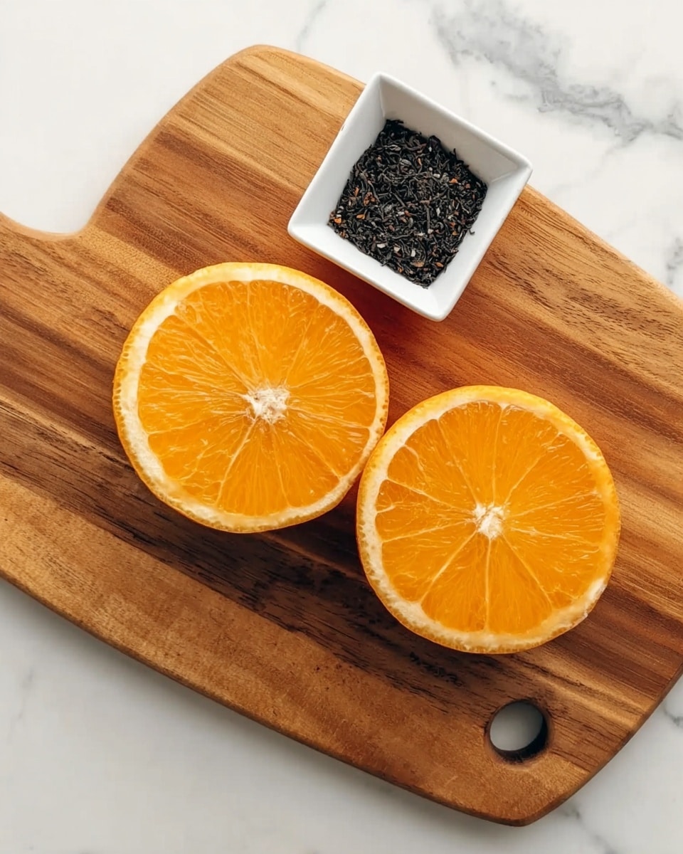 A wooden cutting board is placed on a white marbled surface, featuring two halves of a bright orange placed side by side, showing their juicy, vibrant inner segments with a clear, thin white rind around them. Above the orange halves, there is a small white square bowl filled with loose black tea leaves, adding a dark, textured contrast to the vibrant orange and wood. The wood of the board has a warm, natural grain with a small round hole on the bottom right. photo taken with an iphone --ar 4:5 --v 7