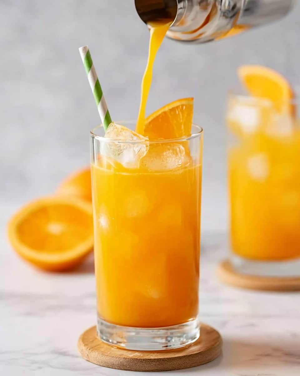 A tall clear glass filled with bright orange juice and ice cubes sits on a small wooden coaster. A green and white striped paper straw stands inside the glass, and a fresh orange slice is placed on the rim of the glass. A metallic cocktail shaker is pouring more orange juice into the glass. In the background, another glass with the same orange juice and straw is slightly blurred, along with a halved orange fruit. All of this is set on a white marbled surface. photo taken with an iphone --ar 4:5 --v 7