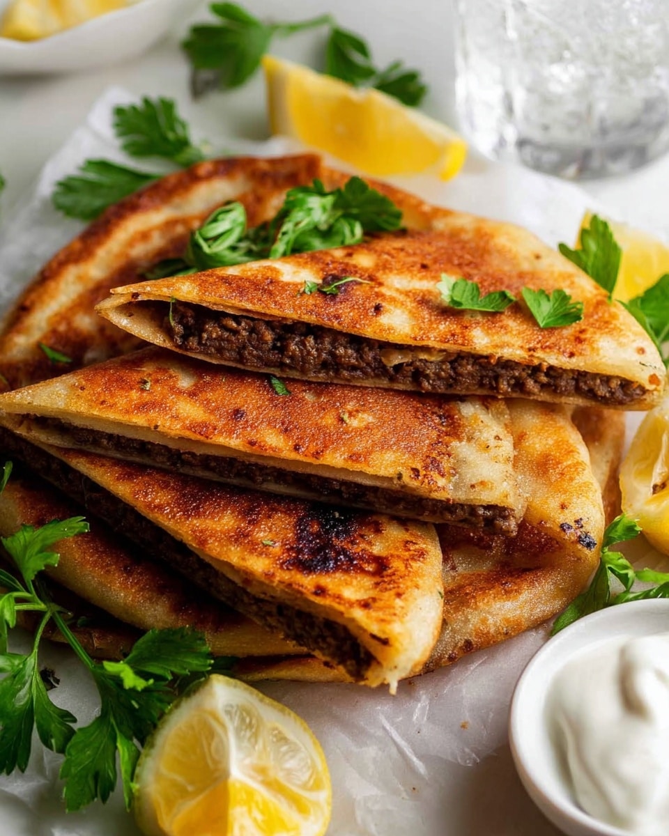 The image shows three folded flatbreads with a golden-brown crispy surface, filled with a dark, finely ground meat mixture visible on the edge of the cut pieces placed on top. The flatbreads are stacked on a white marbled surface. There are fresh green parsley leaves scattered around, along with lemon wedges for garnish. To the side, a white plate holds a dollop of creamy white yogurt, and a clear glass of water filled with ice is partially visible in the background. Photo taken with an iphone --ar 4:5 --v 7