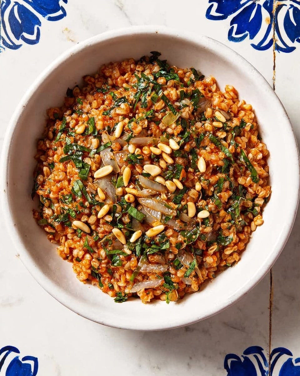 A white bowl filled with a dish made of small grains mixed with chopped light brown onions, green leafy herbs, and toasted light brown pine nuts. The grains are coated in a reddish-orange sauce giving a slightly wet texture, with the herbs scattered evenly throughout. The bowl sits on a white marbled surface with part of blue floral tile patterns visible around it. photo taken with an iphone --ar 4:5 --v 7