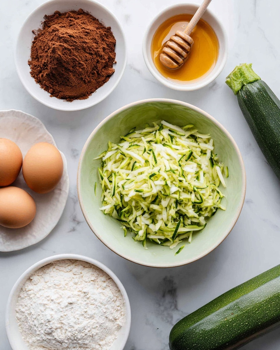 The image shows a top view of several white bowls and a plate arranged on a white marbled surface. In the center, there is a light green bowl filled with shredded green zucchini, showing fresh pieces with light green and dark green tones. Above it, a white bowl contains golden honey with a wooden honey dipper resting inside, the dipper coated with thick honey. To the left, another white bowl holds rich, brown cocoa powder with a textured surface. Below to the left, a white plate has two brown eggs with smooth shells. On the right bottom corner, a white bowl filled with fine white flour is partially visible. On the right side of the frame, there is one whole zucchini with dark green skin and a light green end. Photo taken with an iphone --ar 4:5 --v 7