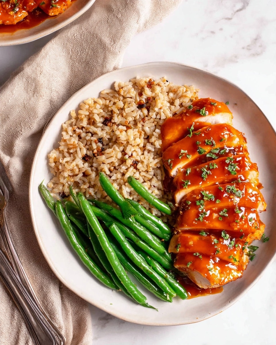 The dish shows a white plate with three main parts: on the left, there is a large area of cooked brown rice with some small bits mixed in, giving it a grainy texture; in the middle, there are bright green cooked green beans that look tender and slightly shiny, placed neatly next to the rice; on the right side, there are several slices of chicken covered in a shiny, thick orange-red sauce with small bits of herbs sprinkled over it for color contrast; the plate sits on a white marbled surface with a soft beige cloth and silver forks folded beside it. photo taken with an iphone --ar 4:5 --v 7