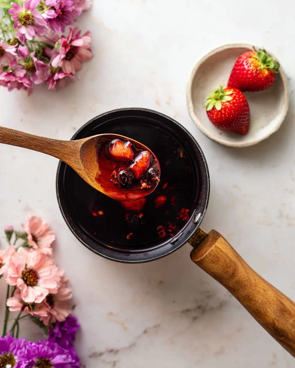 A small black pot with a wooden handle holds dark red liquid with some pieces of fruit or spices in it, and a wooden spoon lifts a small amount of the liquid and fruit from the pot. Nearby, three fresh strawberries with green tops rest on a small white plate, and another strawberry lies on the white marbled surface. In the lower corner, there are pink and purple flowers adding color to the scene. The whole setting is on a white marbled surface. photo taken with an iphone --ar 4:5 --v 7