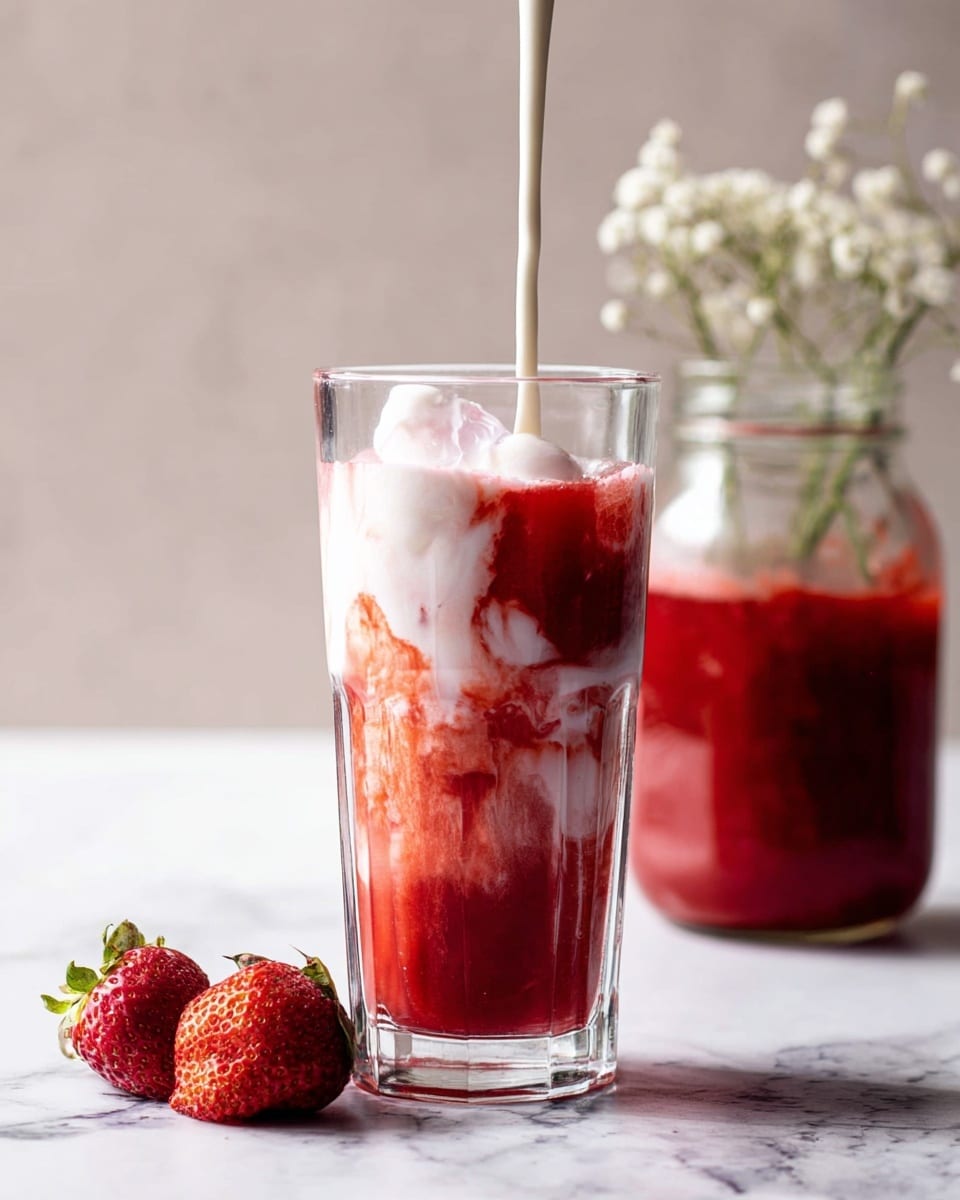 A tall clear glass is filled halfway with a rich red strawberry liquid, layered with white cream that is being poured from above, blending softly into the red base creating swirls and a marble effect. Behind the glass, there is a glass jar filled with more red strawberry liquid and some small white flowers for decoration. In the foreground on the white marbled surface, two fresh strawberries are placed near the glass, adding a natural touch to the scene. The lighting is soft and natural, highlighting the textures and colors of the drink and strawberries. Photo taken with an iphone --ar 4:5 --v 7