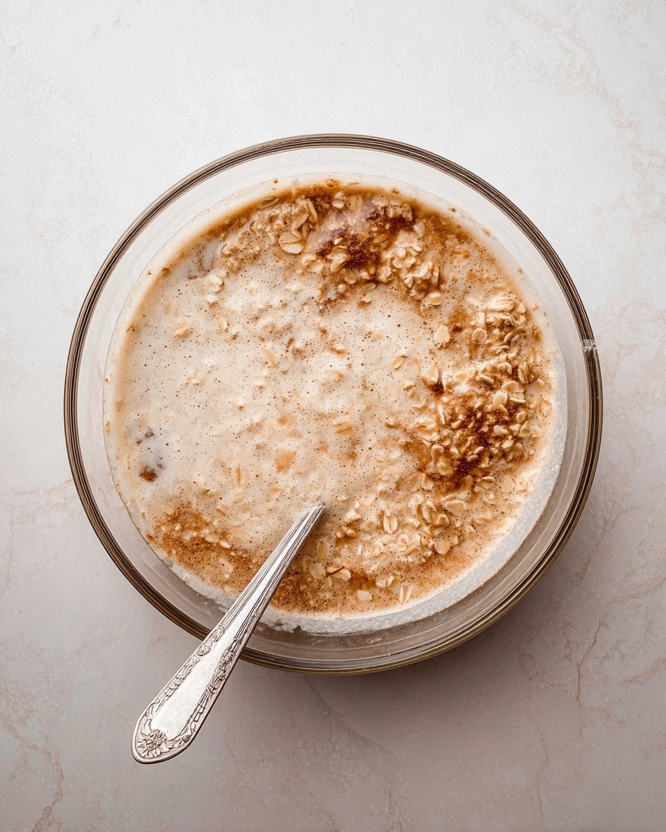A round clear glass bowl sits on a white marbled surface. Inside, there is a mix of light brown and creamy white liquid with visible oats floating through it. The oats create rough textured clusters mainly near the edges and center of the bowl. A silver spoon with a detailed handle rests inside the bowl, partially submerged in the mixture, pointing towards the bottom left corner. The overall look is creamy and slightly frothy with a blend of smooth and chunky textures. Photo taken with an iphone --ar 4:5 --v 7