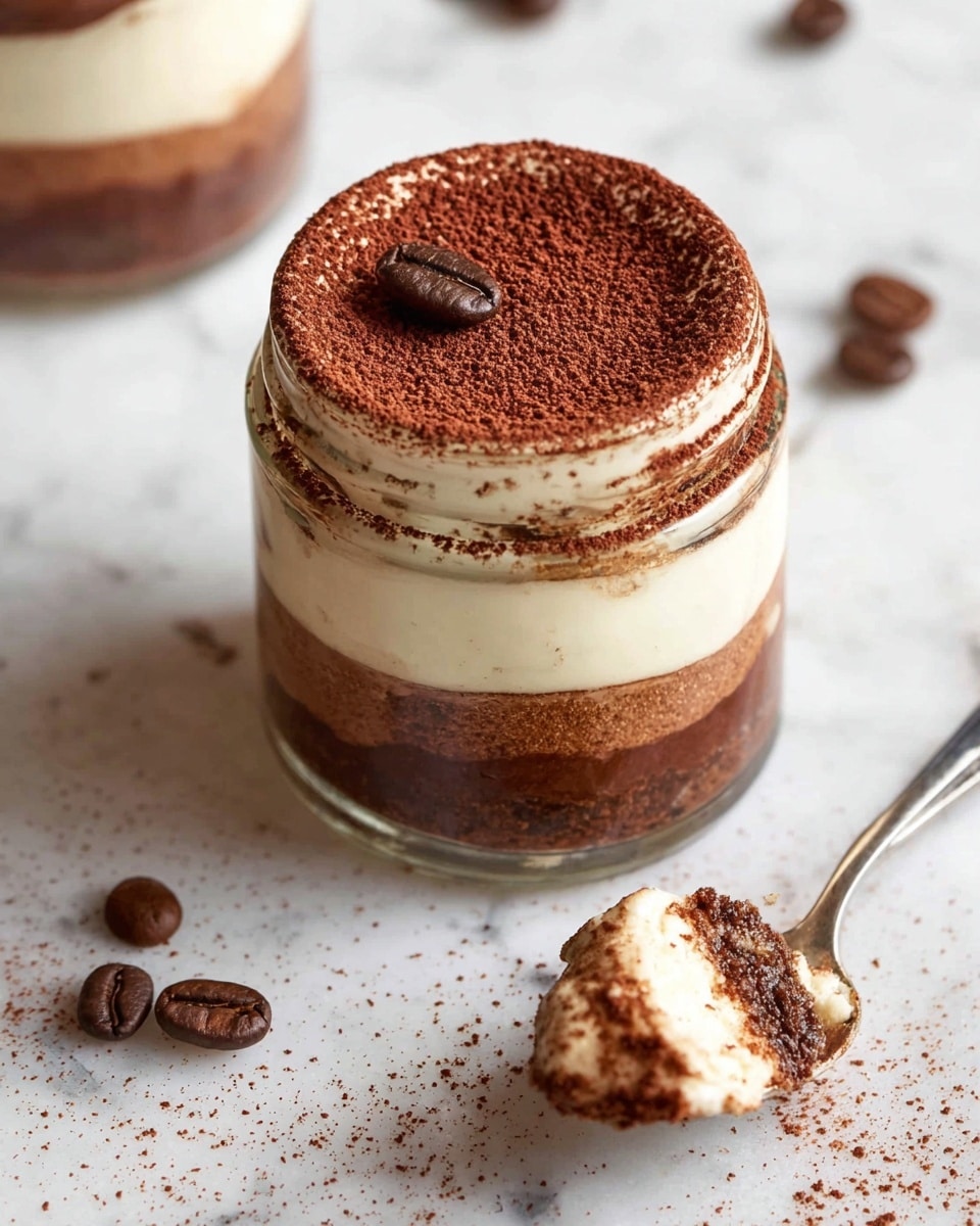 A small clear glass jar holds a three-layer dessert placed on a white marbled surface. The bottom layer is a thick, dark brown chocolate base, followed by a smooth, creamy white middle layer, and topped with another dark brown layer dusted with fine cocoa powder. On top of the cocoa powder, near the edge, there is a single coffee bean. Around the jar, cocoa powder is scattered lightly and a few coffee beans are spread on the surface. In the foreground, a silver spoon contains a scoop of the same layered dessert, showing the creamy and cocoa layers, resting on the white marbled surface. Photo taken with an iphone --ar 4:5 --v 7