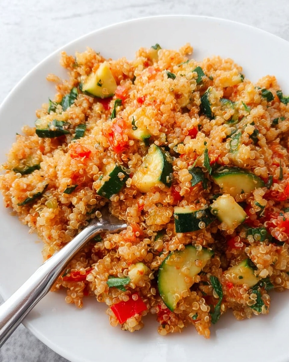 The image shows a white plate filled with a colorful quinoa salad. The salad has fluffy, small, round grains of quinoa that are light orange in color. Mixed throughout are small chunks of bright green zucchini with a slightly soft texture, pieces of red bell pepper, and bits of dark green leafy herbs scattered evenly. A silver fork rests diagonally on the plate, partially covered by the quinoa salad. The background is a white marbled texture. Photo taken with an iphone --ar 4:5 --v 7