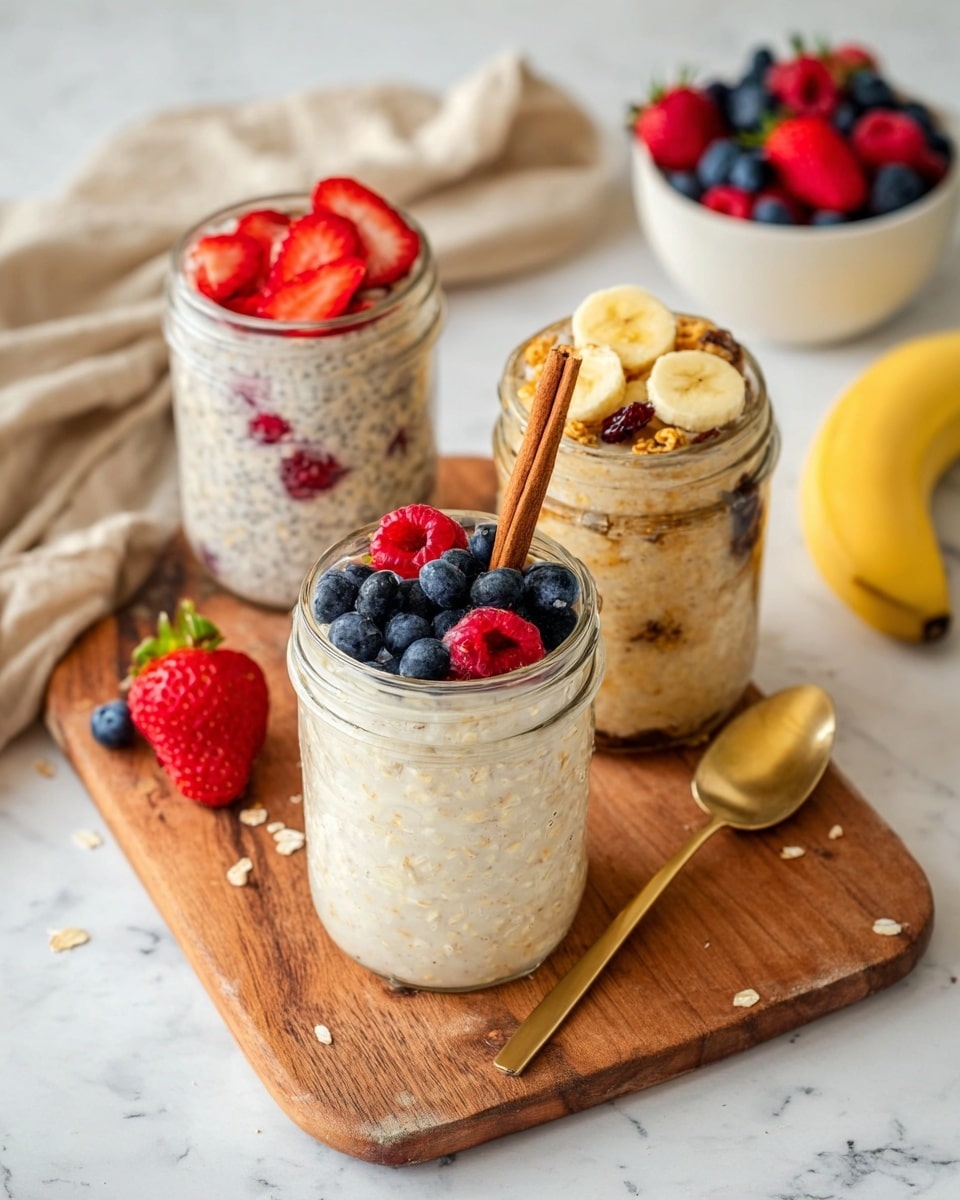 Three glass jars are placed on a wooden board over a white marbled surface. The front jar has a creamy oatmeal base with visible oats, topped with fresh blueberries and raspberries, and a cinnamon stick standing upright on one side. Behind it to the left, another jar is filled with creamy oatmeal mixed with small dark seeds, topped with sliced strawberries and small crunchy clusters. To the right, the third jar has a darker oatmeal base topped with thick banana slices. Around the jars, scattered fresh strawberries, blueberries, and a yellow banana add color. A golden spoon lies on the right side of the board and a white bowl filled with mixed berries is visible in the background, along with a soft beige cloth. Photo taken with an iphone --ar 4:5 --v 7