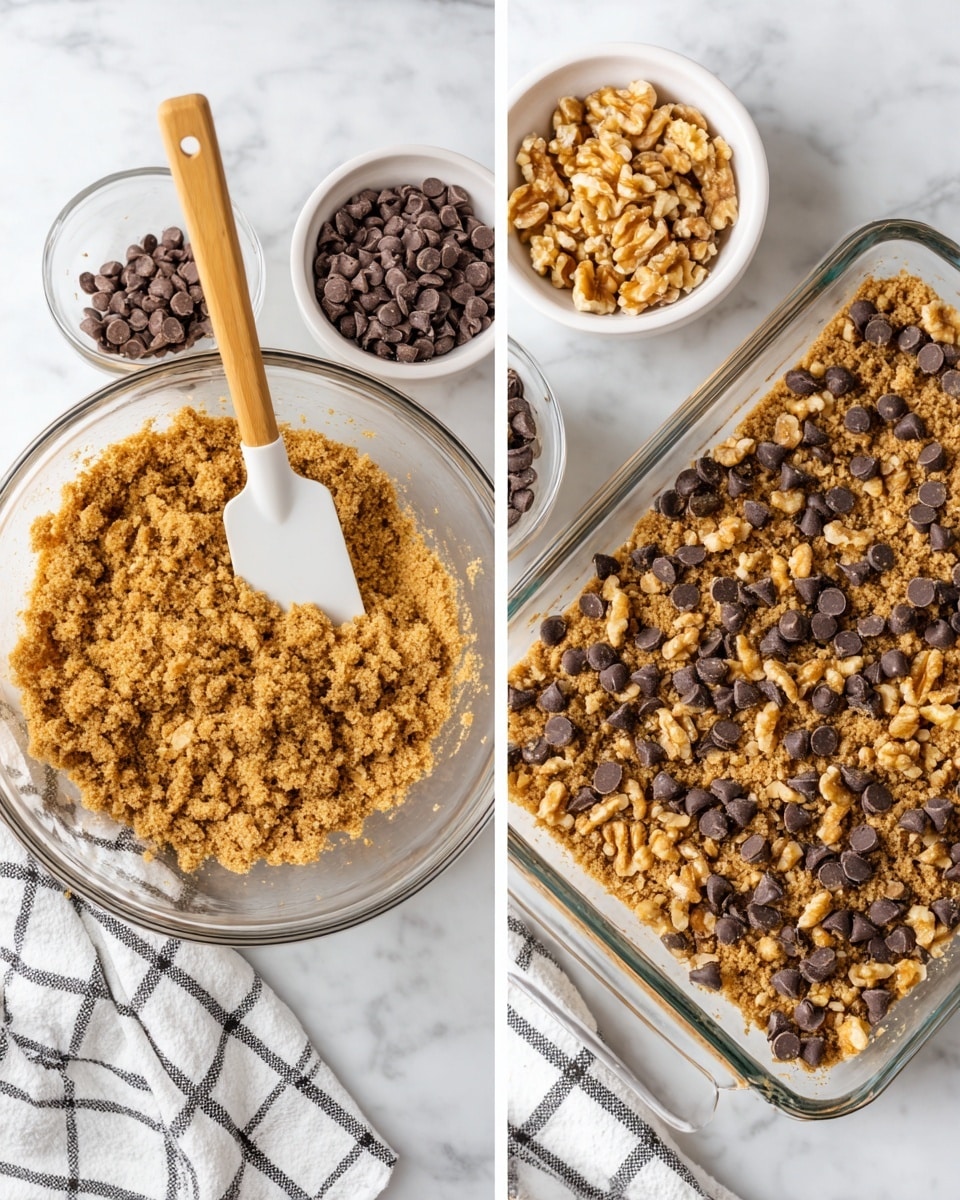 The image on the left shows a clear glass bowl filled with a crumbly golden brown mixture made from graham crackers or similar crumbs, with a white spatula with a light wooden handle resting in the bowl. Behind the bowl, there are two small white bowls, one filled with dark brown chocolate chips and the other with chopped light brown walnuts. The setup is on a white marbled surface with a white towel featuring black checkered lines. The image on the right shows a clear rectangular glass baking dish on the same white marbled surface and towel, with the crumb mixture pressed flat at the bottom forming one golden brown layer. On top of this base, there is an even scatter of dark brown chocolate chips and light brown walnut pieces spread across the entire surface. photo taken with an iphone --ar 4:5 --v 7