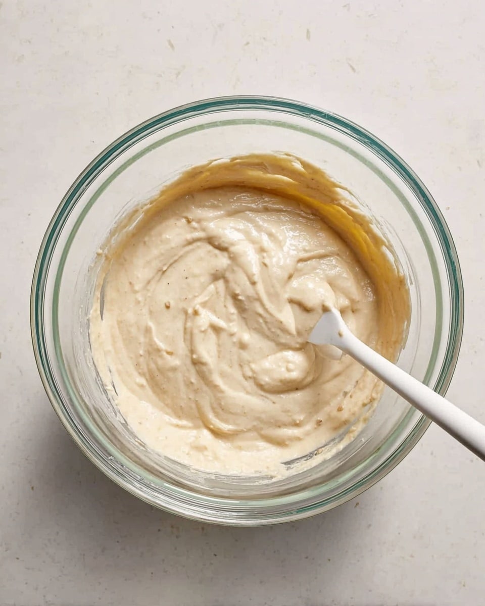 A clear glass bowl filled with thick, creamy batter that is pale beige in color with some small lumps. A white mixing spoon is resting inside the bowl, slightly submerged in the batter on the right side. The bowl sits on a white marbled surface. Photo taken with an iphone --ar 4:5 --v 7
