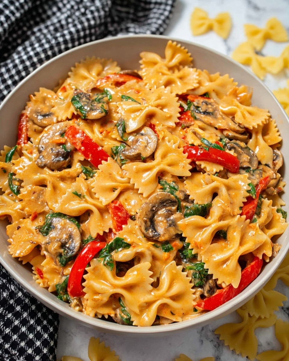 A large white bowl filled with creamy orange sauce-coated farfalle pasta, mixed with bright red bell pepper strips, sautéed brown mushroom slices, and green spinach leaves spread evenly throughout. The pasta looks soft and shiny, with the sauce clinging smoothly to each piece. The bowl is placed on a white marbled surface with some uncooked farfalle pasta scattered around it. A black and white checkered cloth is blurred in the upper left background. photo taken with an iphone --ar 4:5 --v 7