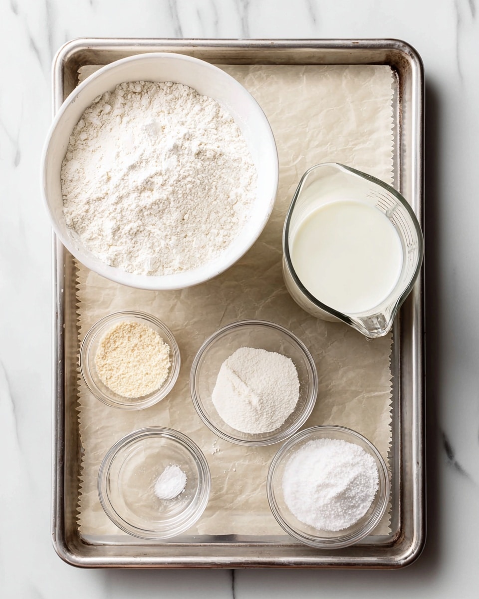 A top view of six separate containers on a baking tray lined with parchment paper placed on a white marbled surface. In the top left is a large white bowl filled with a fine white powder that looks like flour. On the top right is a clear glass liquid measuring jug filled with white milk. In the middle row, from left to right, there are three small clear glass bowls: the first contains a light beige powder resembling yeast, the second has a white fine granular substance like sugar, and the third has a white fine powder. In the bottom row, there are two small clear glass bowls that contain white powdery ingredients, one stacked with a layered fine texture suggesting salt and baking powder. Photo taken with an iphone --ar 4:5 --v 7