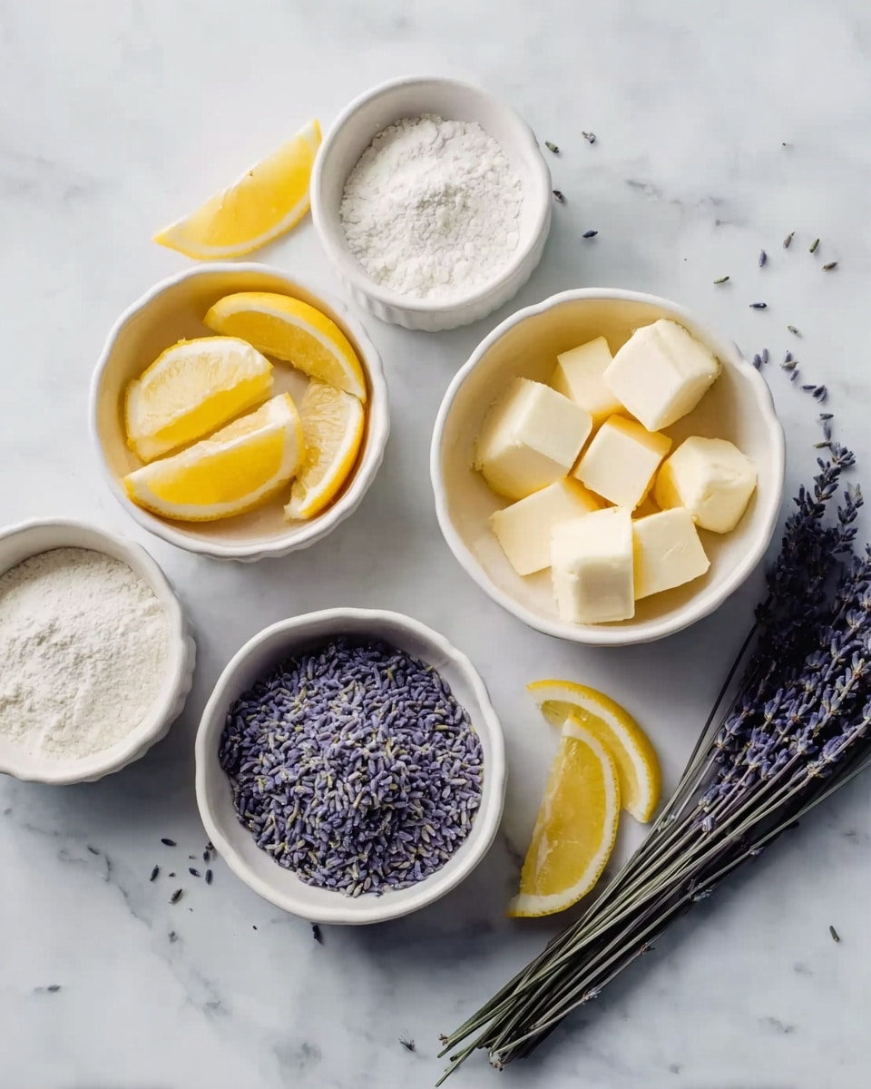 The image shows five small white bowls placed on a white marbled surface. One bowl contains four lemon wedges with bright yellow color and smooth texture. Another bowl holds small cubes of pale yellow butter. Two bowls have dried lavender flowers with a deep purple color and coarse texture. The largest bowl has white flour with a powdery texture. Thin strips of lemon peel with a bright yellow color lie beside the bowls. The arrangement is neat and evenly spaced. photo taken with an iphone --ar 4:5 --v 7