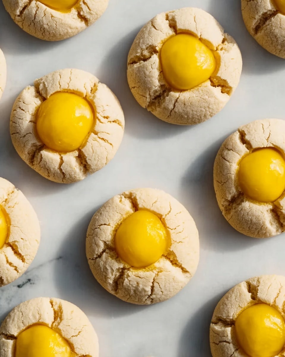 The image shows multiple light beige cookies with a cracked texture arranged on a white marbled surface. Each cookie has two layers: the base layer is a round, soft biscuit with visible cracks, and the top layer is a dollop of bright yellow filling placed in the center. The overall look is simple and neat, with a soft contrast between the pale cookie and the vibrant yellow topping. Photo taken with an iphone --ar 4:5 --v 7