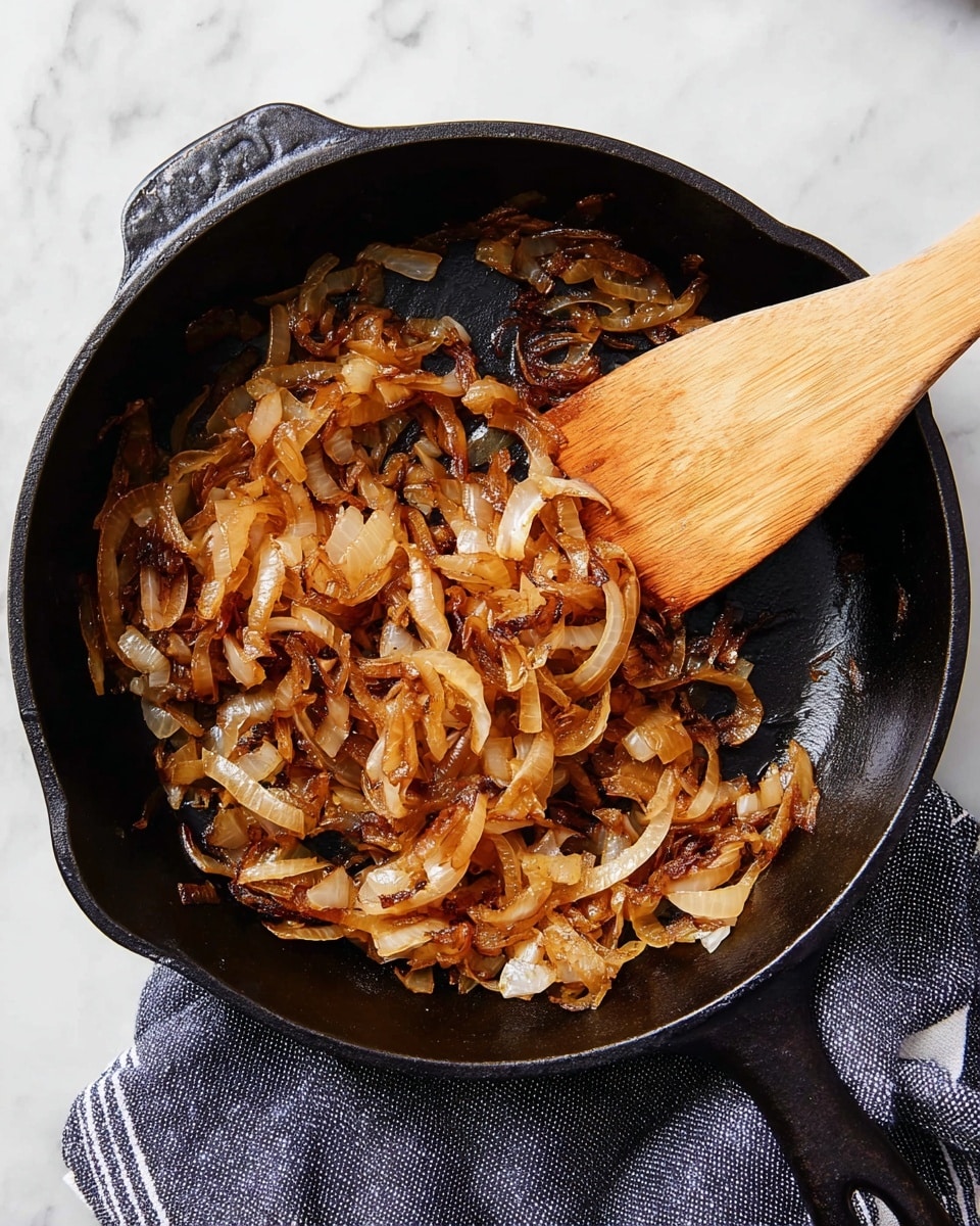 A black cast iron pan filled with a single layer of cooked brown caramelized onions, some pieces slightly darker and crispier, showing soft, translucent, and curled onion strips. A light-colored wooden spatula rests on the right side of the pan, partly under the onions. The pan sits on a white marbled surface with a folded dark gray and white striped cloth near its bottom edge. Photo taken with an iphone --ar 4:5 --v 7