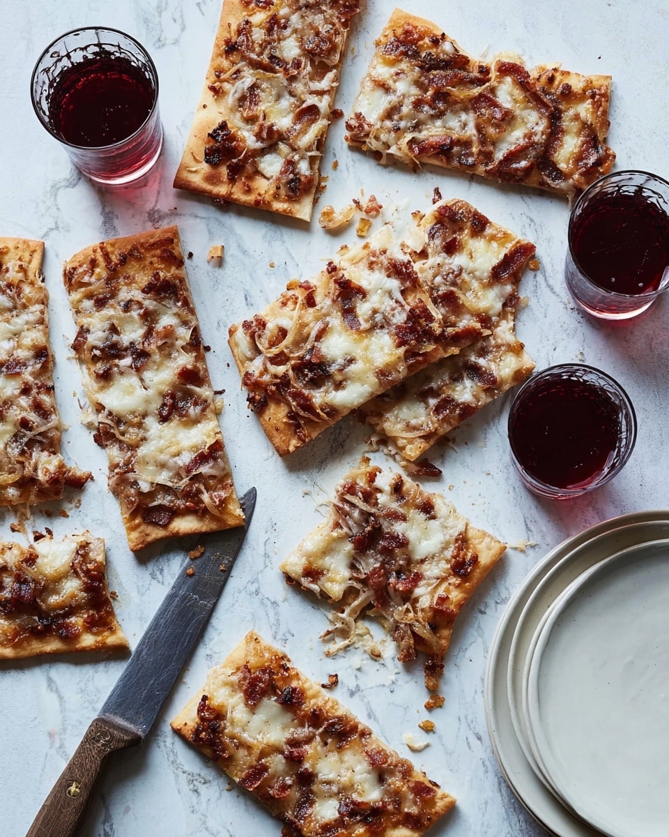 Several rectangular slices of thin-crust flatbread pizza scattered on a white marbled surface. Each slice has a light golden brown crust with a layer of melted white cheese on top, mixed with browned caramelized onions and small pieces of cooked bacon. Around the slices are crispy cheese bits. Three clear plastic cups filled halfway with dark red drink are placed among the pizza slices. A metal knife with a dark wooden handle lies on the left side of the image, and a stack of white plates is visible on the right. The overall look is casual and inviting. photo taken with an iphone --ar 4:5 --v 7