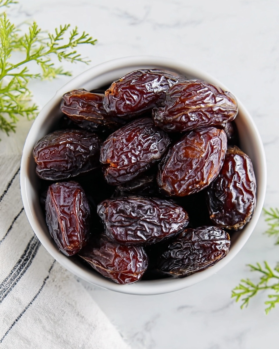A white ceramic bowl filled with large, dark brown dried dates showing a wrinkled texture and shiny surface. The bowl is placed on a white marbled surface next to a white cloth with thin black stripes. Small green leaves are visible in the top left corner, slightly out of focus. The dates are packed closely together, creating a rich and dense look. Photo taken with an iphone --ar 4:5 --v 7