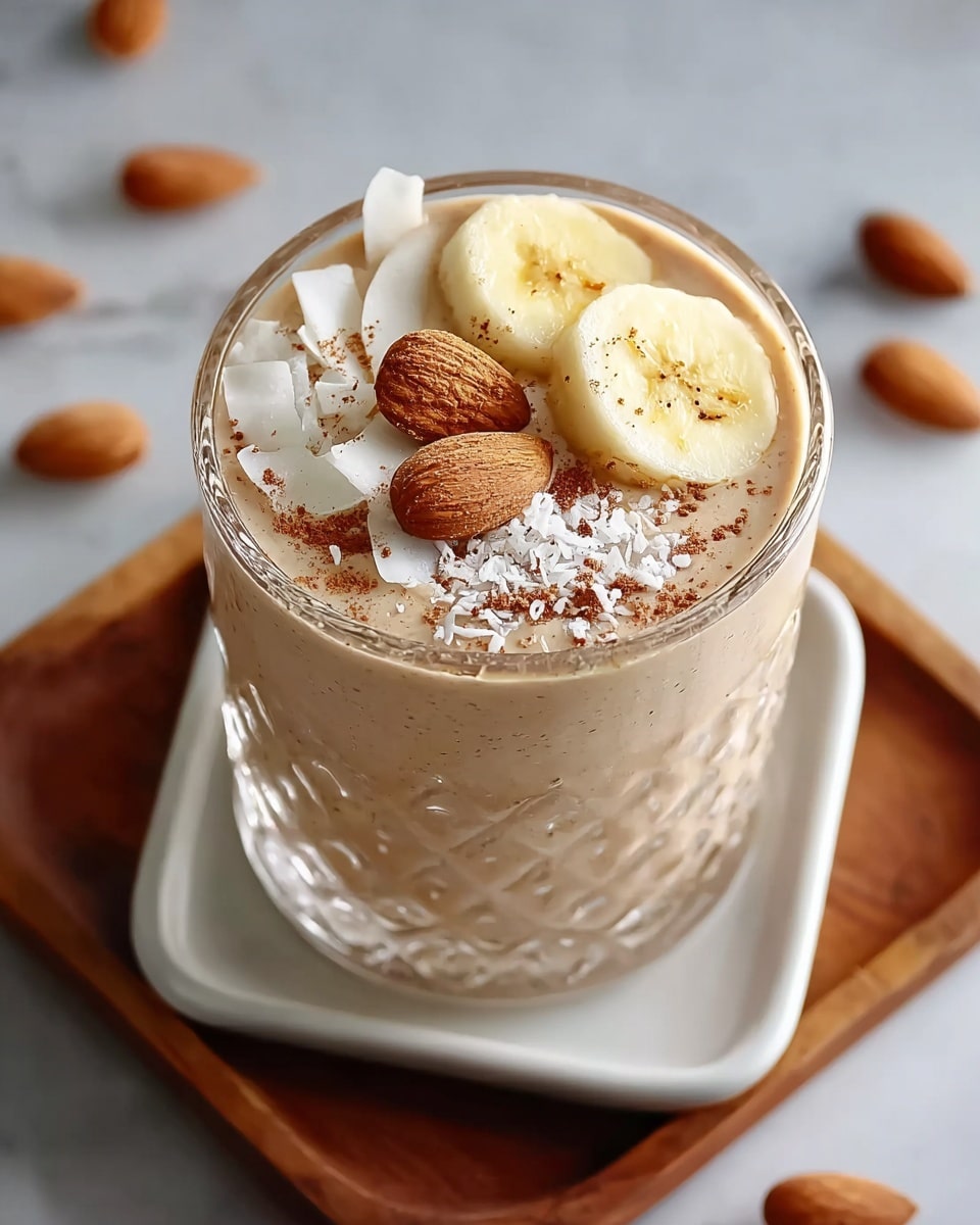 A short clear textured glass filled with a thick light brown smoothie topped with two round pale yellow banana slices, two whole almonds, and a small pile of white shredded coconut sprinkled with brown cinnamon powder, placed on a small white square plate sitting on a wooden tray with blurred almonds in the background on a white marbled surface, photo taken with an iphone --ar 4:5 --v 7