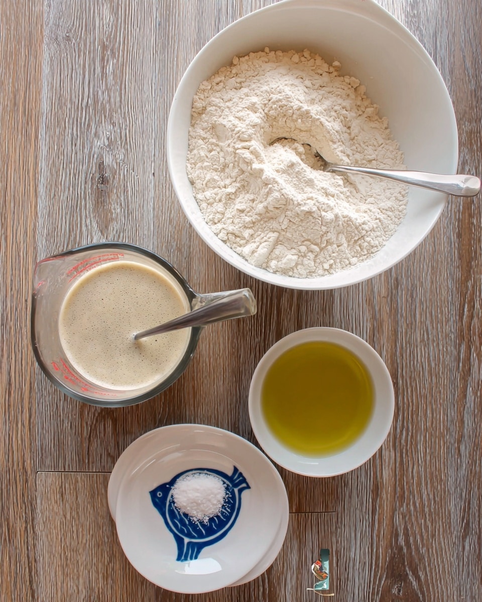 The image shows four cooking ingredients placed on a wooden surface. At the top right, there is a large white mixing bowl filled with light beige flour, with a silver spoon resting inside the bowl. To the bottom left, there is a glass measuring cup filled with a foamy, light beige liquid, also with a silver spoon inside it. Next to the measuring cup, there is a small white plate with a blue fish design, holding a small pile of white salt. To the right of the salt plate, there is a small white bowl filled with yellow olive oil. The overall setting is simple and organized, ready for mixing. photo taken with an iphone --ar 4:5 --v 7