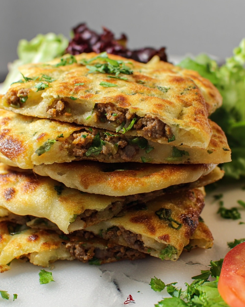 A stack of six uneven, golden-brown flatbreads filled with minced meat and chopped green herbs is placed on a white marbled surface. Each flatbread shows a mix of soft and crispy textures with visible filling peeking through small cracks. The top flatbread has a slightly crispier, browned surface with green flecks of herbs. Around the stack, fresh green herb leaves and some red and green lettuce pieces add color contrast. A slice of tomato is partially visible on the right side. The scene is softly lit, focusing on the layered flatbreads' texture and filling. Photo taken with an iphone --ar 4:5 --v 7