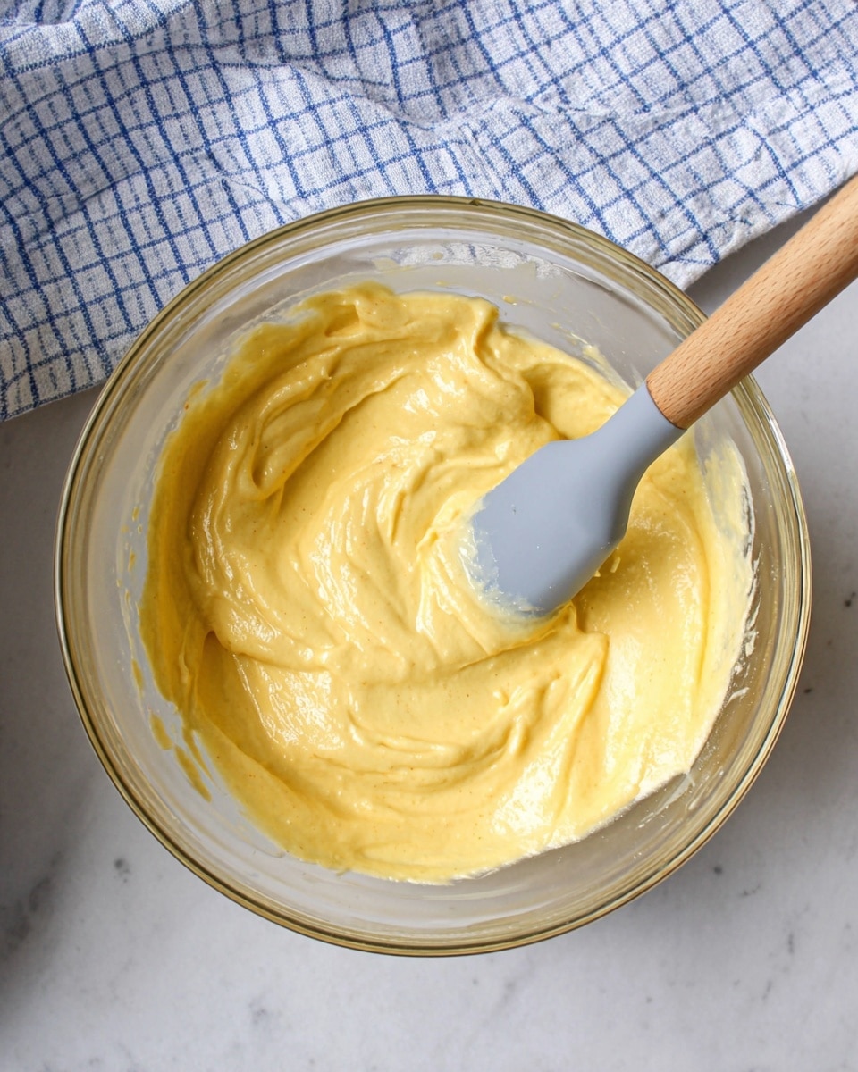 A clear glass bowl holds a thick, creamy yellow mixture with a smooth and slightly shiny texture. A spatula with a light wooden handle and a grey silicone head is resting inside the bowl, partially covered by the mixture. The bowl is placed on a white marbled surface, next to a blue and white checkered cloth. The image shows soft lighting and a top-down view. photo taken with an iphone --ar 4:5 --v 7