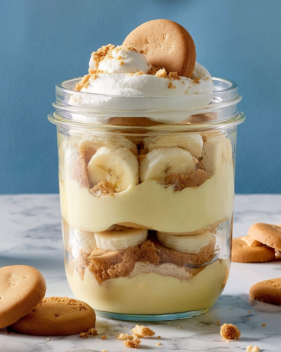 A clear glass jar holds a layered dessert with five visible layers. Starting from the bottom, there is a pale yellow creamy layer, followed by a layer of banana slices and crumbled light brown cookies. Above that is another thick pale yellow creamy layer, then another mix of banana slices and cookie pieces. The top layer is a smooth white whipped cream topped with a single round light brown cookie and a banana slice, with some cookie crumbs scattered on top. The jar is placed on a white marbled surface, with a few cookie pieces lying next to it, and a soft blue background behind. Photo taken with an iphone --ar 4:5 --v 7