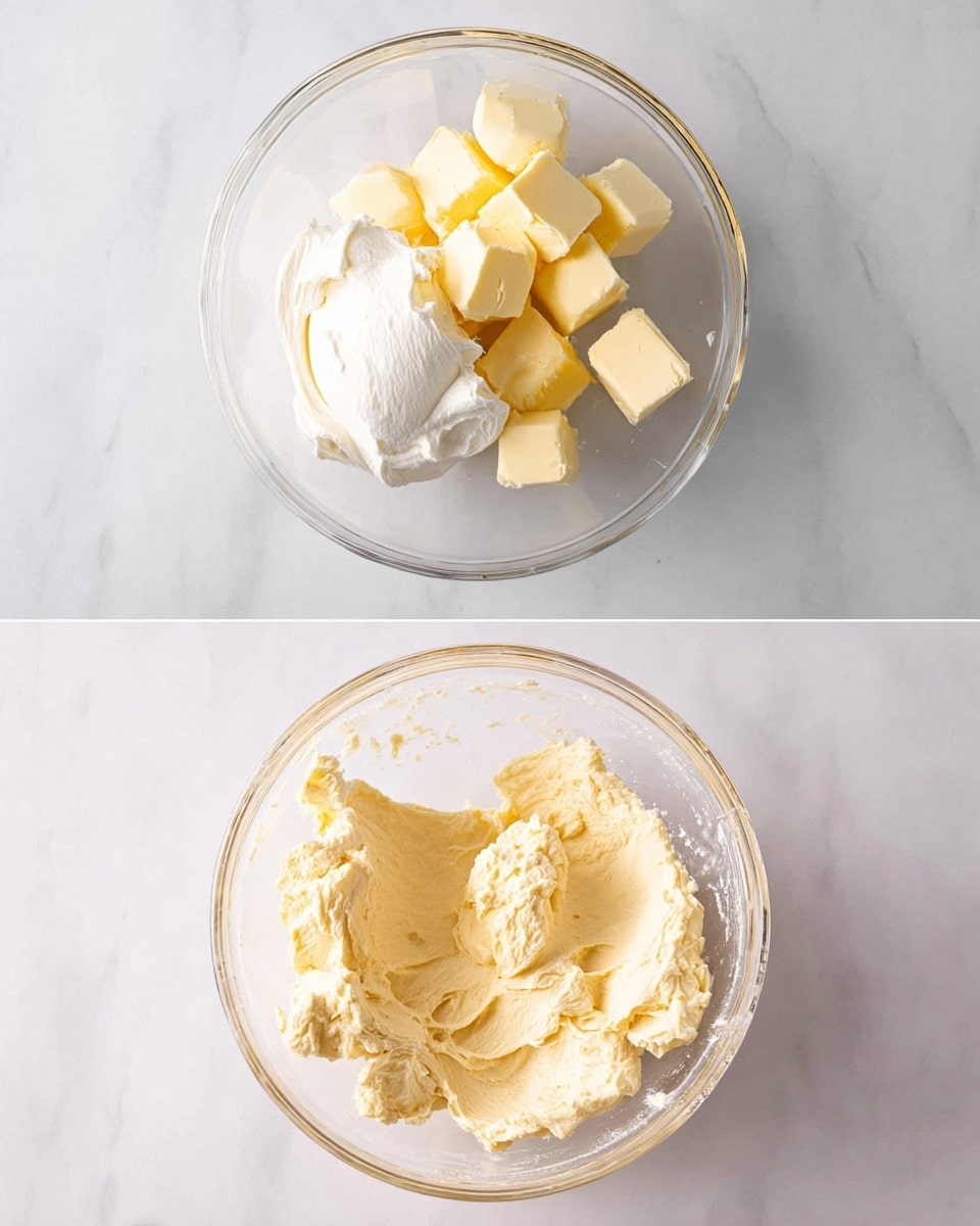A clear glass bowl on a white marbled surface holds two ingredients: at the top, a smooth white cream with a soft texture, and below it, several chunky yellow butter pieces. In the next image, the same bowl shows the ingredients mixed into a creamy, pale yellow batter with a soft, slightly fluffy texture, spread unevenly inside the bowl. Photo taken with an iphone --ar 4:5 --v 7