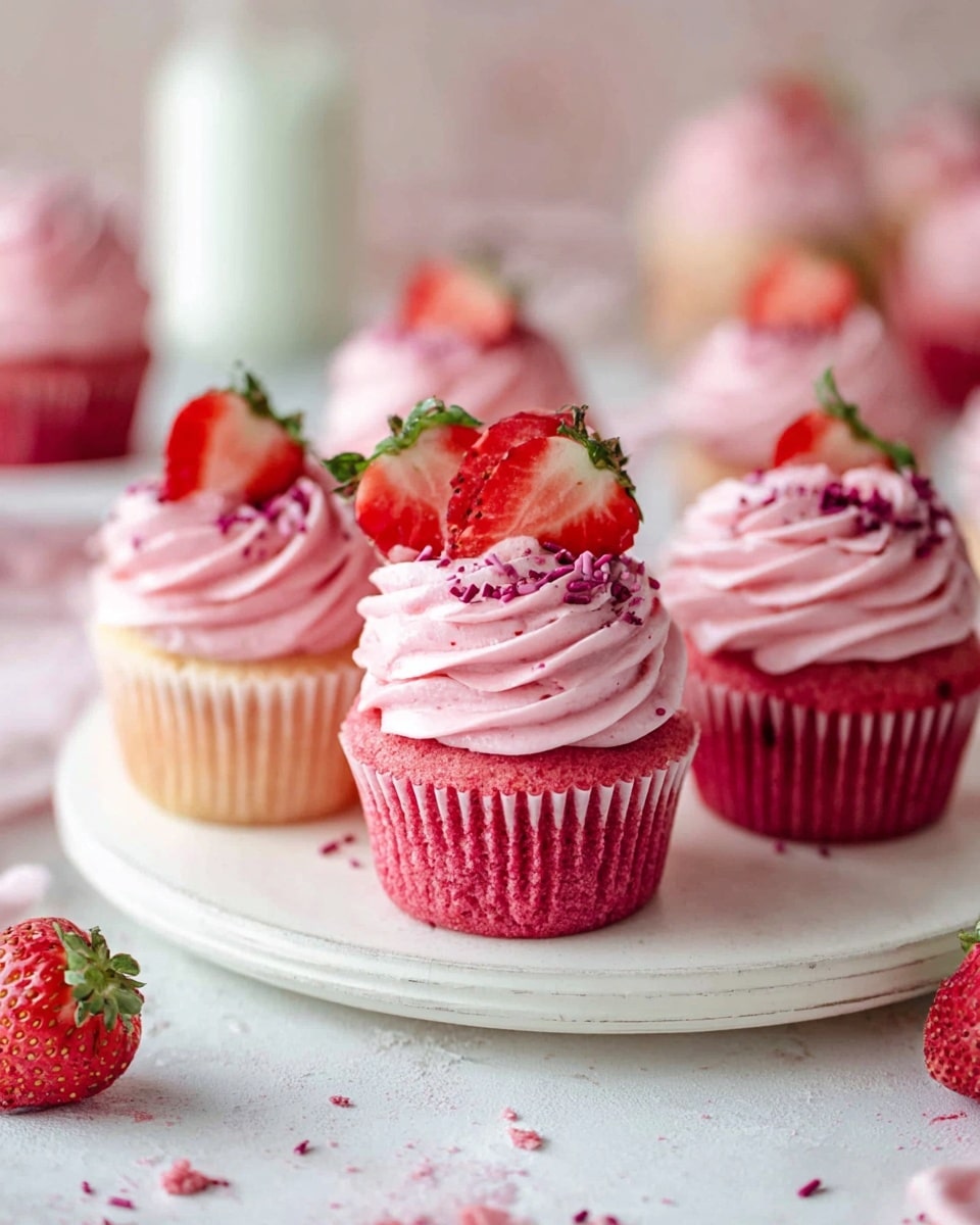 The image shows several pink cupcakes, each with one cupcake liner holding a two-layered dessert: the bottom layer is a soft pink cake with a slightly crumbly texture, and the top layer is a thick swirl of light pink frosting decorated with tiny dark pink sprinkles. Each cupcake is topped with a fresh red strawberry slice with green edges, placed on the frosting's side. The cupcakes are arranged on a white round plate with a subtle scalloped edge, set on a white marbled surface scattered with small red crumbs and a whole strawberry at the corner. The background is softly blurred with more cupcakes and a white container visible. photo taken with an iphone --ar 4:5 --v 7