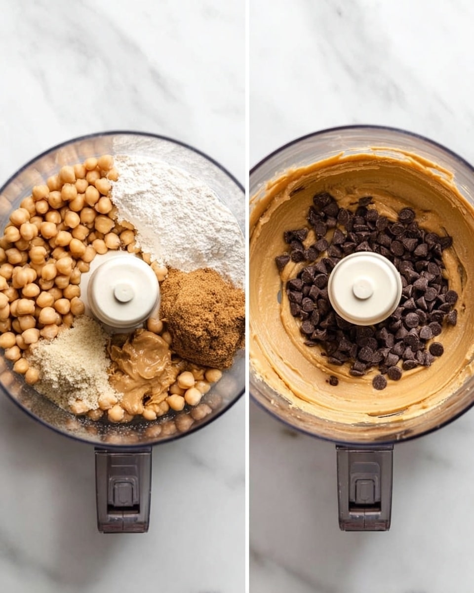 The image shows two top-down views of a food processor on a white marbled surface. The left side has a food processor filled with whole beige chickpeas, a pile of white flour, smooth tan peanut butter, and some light brown sugar on top, all unmixed. The right side shows the food processor after mixing, filled with a smooth, creamy tan mixture around the edges and a cluster of dark brown chocolate chips in the center. The clear lid and white blade piece of the food processor are visible in both views. photo taken with an iphone --ar 4:5 --v 7