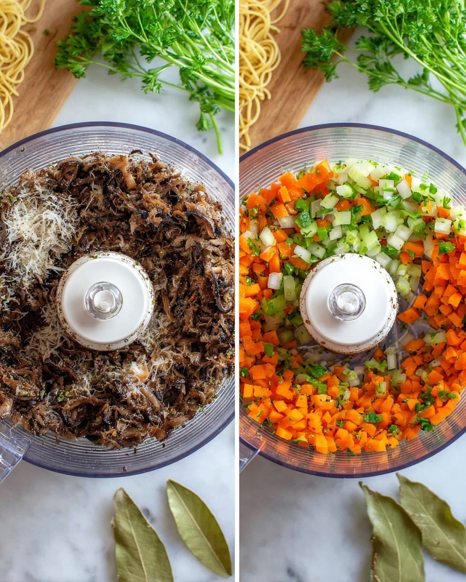 Two food processor bowls are shown side by side on a white marbled surface with fresh pasta nests behind them and parsley plus bay leaves in front. The left bowl holds a dark, coarse mixture of finely shredded mushrooms and some white bits, with a rough texture in shades of dark brown and cream. The right bowl contains a colorful chopped mix of orange carrot, white onion, and green celery pieces, evenly spread inside the bowl. Both bowls have clear plastic sides and white lids with central blades visible in each. photo taken with an iphone --ar 4:5 --v 7
