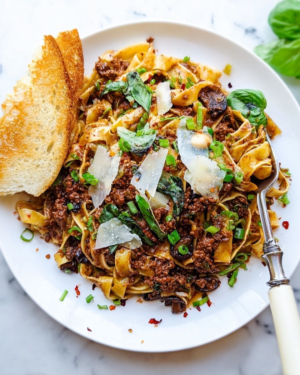A white plate sits on a white marbled surface, full of wide pasta ribbons mixed with dark brown meat sauce and whole cooked mushrooms. The pasta and sauce form the main layer, topped with bright green basil leaves scattered across and white shaved cheese pieces mainly clustered on one side. There are small sliced green onions sprinkled on the pasta and a few red pepper flakes around. A silver fork with a white handle is partially resting on the pasta on one side, and a piece of lightly toasted bread is placed at the top edge of the plate. photo taken with an iphone --ar 4:5 --v 7