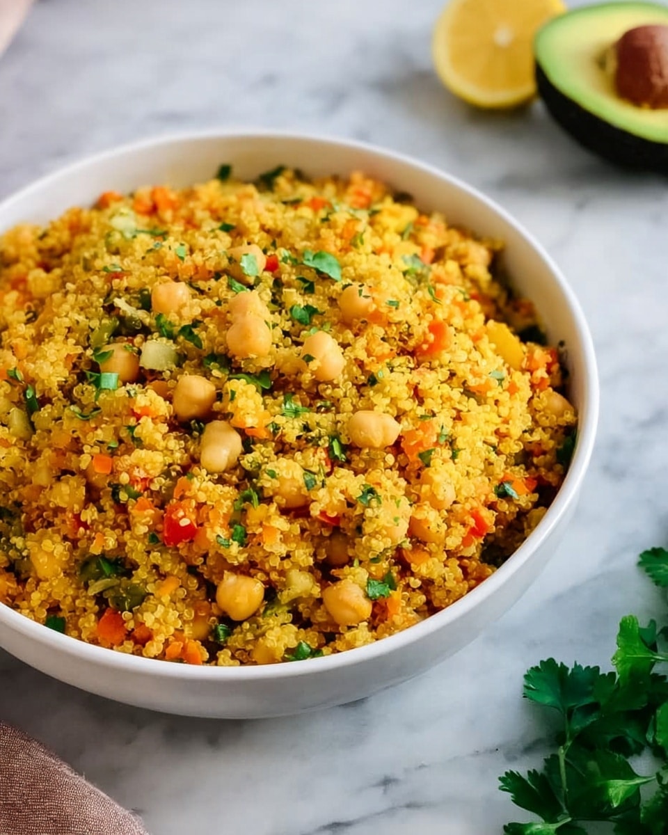 A white bowl filled with a yellow-orange grain dish, likely couscous or quinoa, mixed with small beige chickpeas and finely chopped red and orange vegetables. The grains look fluffy and slightly textured, with tiny bits of green herbs sprinkled evenly on top for color contrast. The bowl is set on a white marbled surface, with a halved avocado and a lemon on the side, partially visible in the background, and some fresh green herbs near the bottom right corner. Photo taken with an iphone --ar 4:5 --v 7