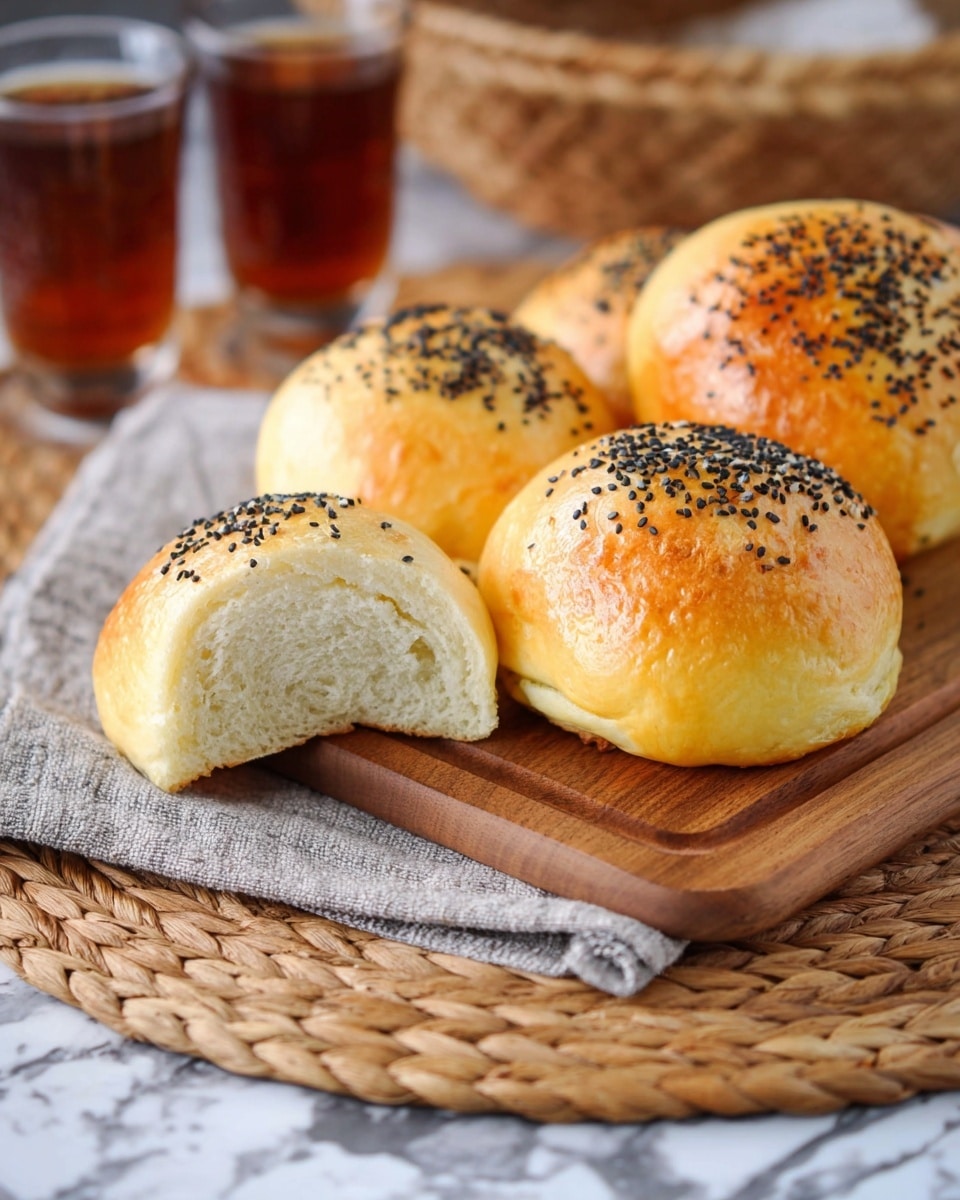 Four golden bread rolls with shiny, slightly shiny crusts topped with black sesame seeds are placed on a wooden board. One bread roll is turned to the side, showing its soft, pale inside layer that is thicker at the bottom and smooth. The wooden board is on top of a woven basket-like mat, all set on a white marbled surface. In the background, there are two blurred transparent glasses filled with a dark brown drink. photo taken with an iphone --ar 4:5 --v 7